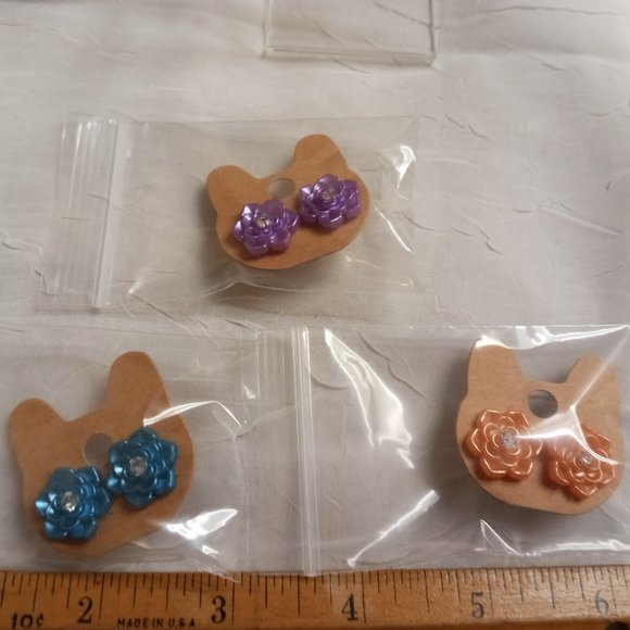 Three Pair Steel Handmade Hand Crafted Resin Flower Stud Earrings Jewelry #51 - Picture 14 of 14